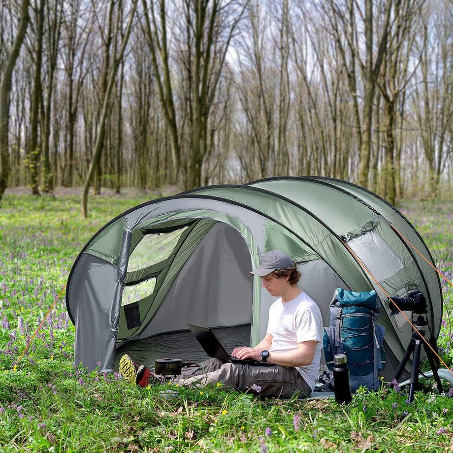 Northio  Campingzelt Für 4-5 Personen Kuppelzelt Mit Heringen, Polyester & B3 Gitter, Dunkelgrün+Grau, 263,5X220X123Cm 