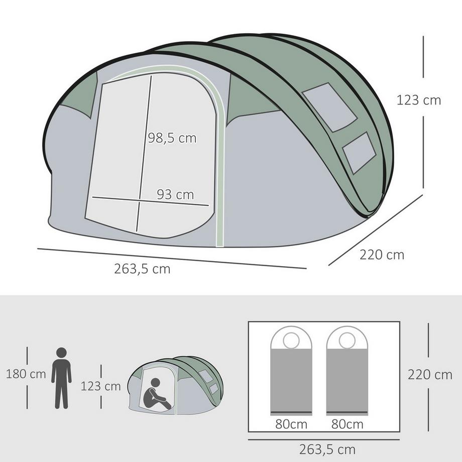 Northio  Campingzelt Für 4-5 Personen Kuppelzelt Mit Heringen, Polyester & B3 Gitter, Dunkelgrün+Grau, 263,5X220X123Cm 
