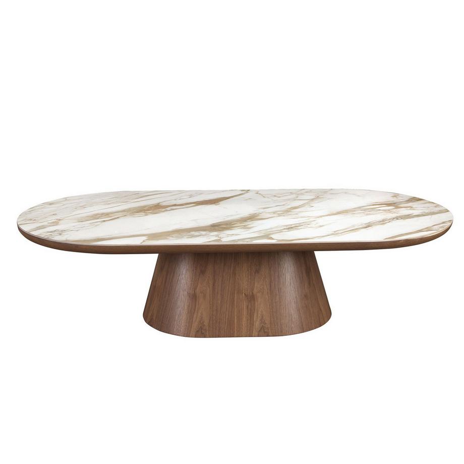 ANGEL CERDA Table basse ovale demi-ronde en porcelaine et noyer  