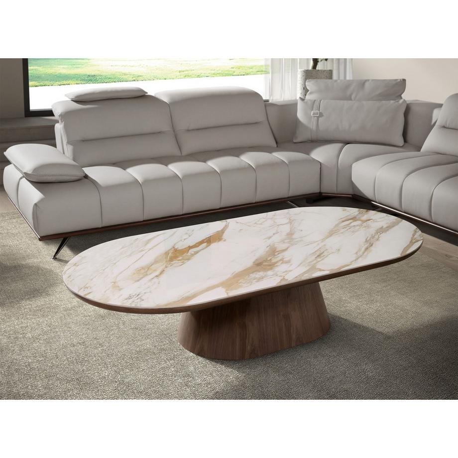 ANGEL CERDA Table basse ovale demi-ronde en porcelaine et noyer  