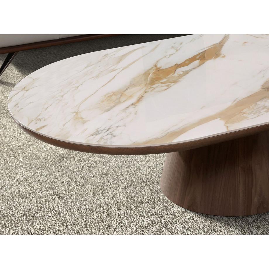 ANGEL CERDA Table basse ovale demi-ronde en porcelaine et noyer  