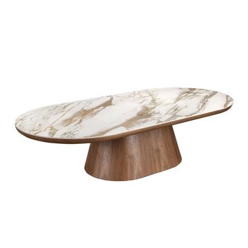 Table basse ovale demi-ronde en porcelaine et noyer