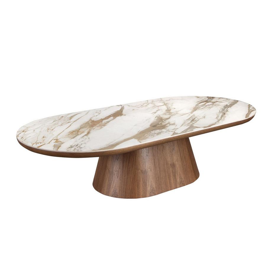 ANGEL CERDA Table basse ovale demi-ronde en porcelaine et noyer  