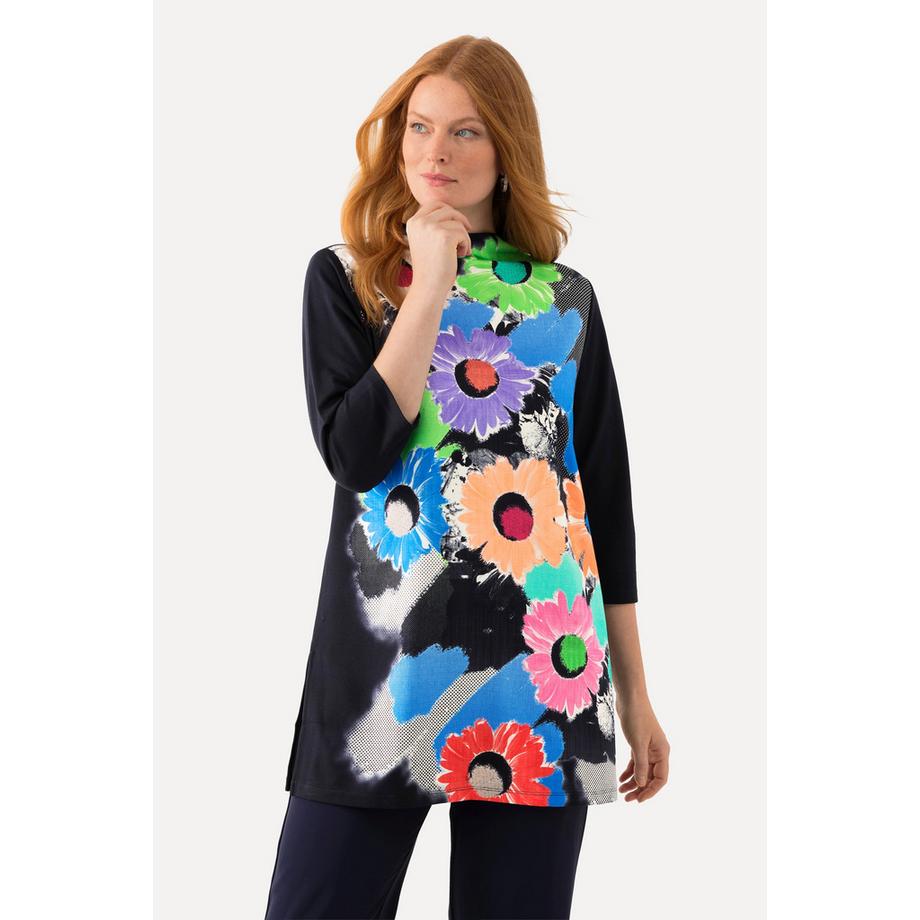 Ulla Popken T-shirt long A-Line Col Montant Manches 3/4 Floral  