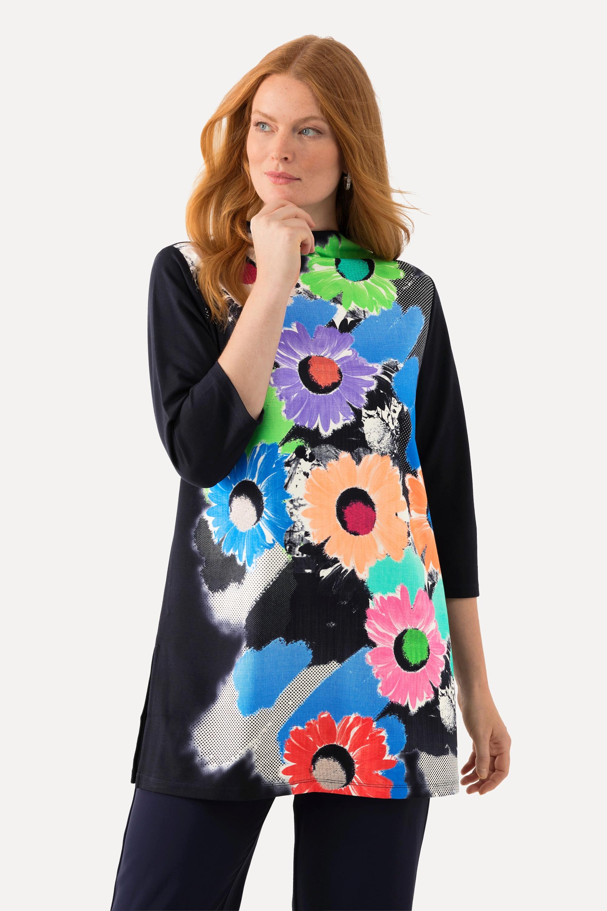 Ulla Popken Longshirt A-Linie Stehkragen 3/4-Arm Floral  