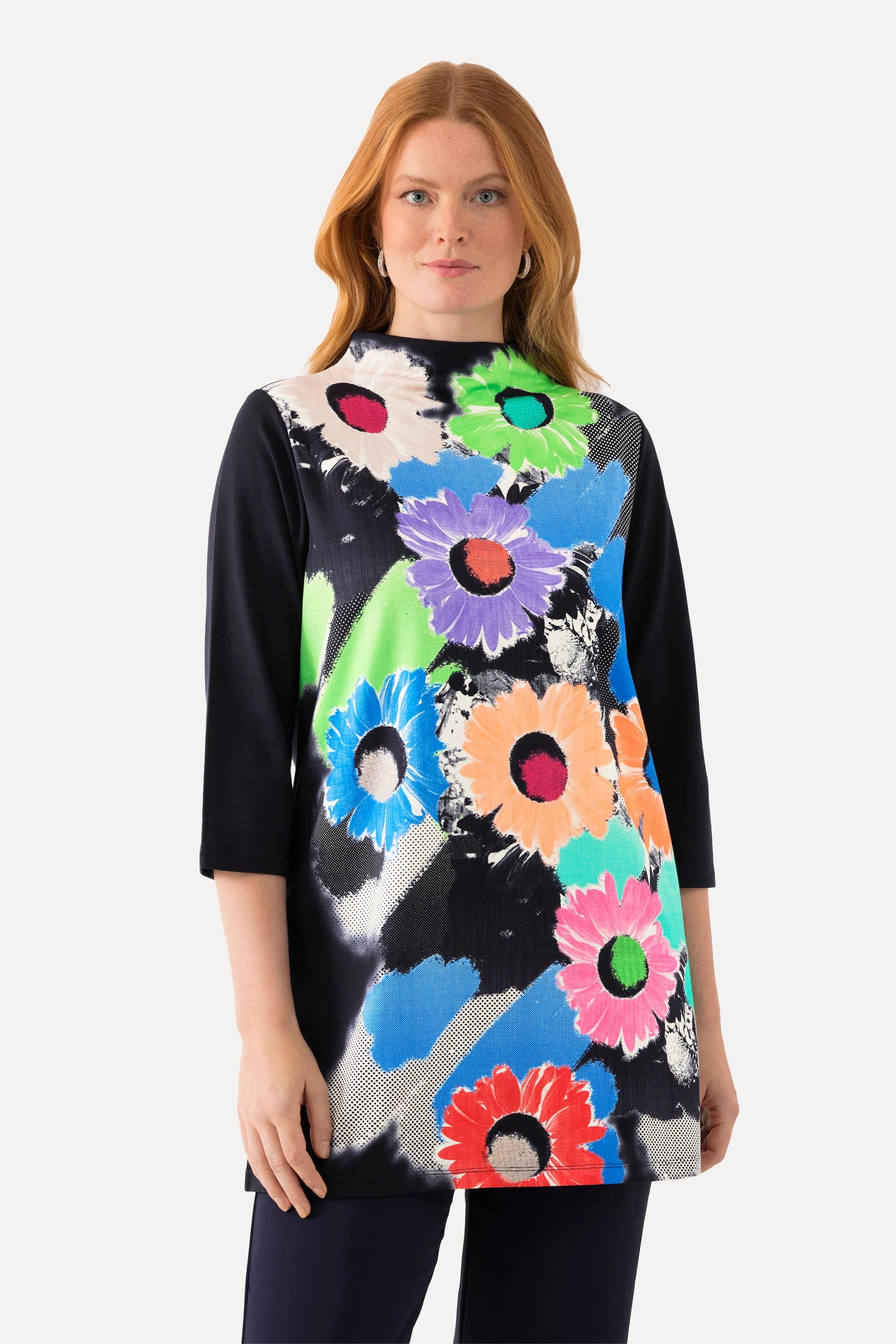 Ulla Popken Longshirt A-Linie Stehkragen 3/4-Arm Floral  