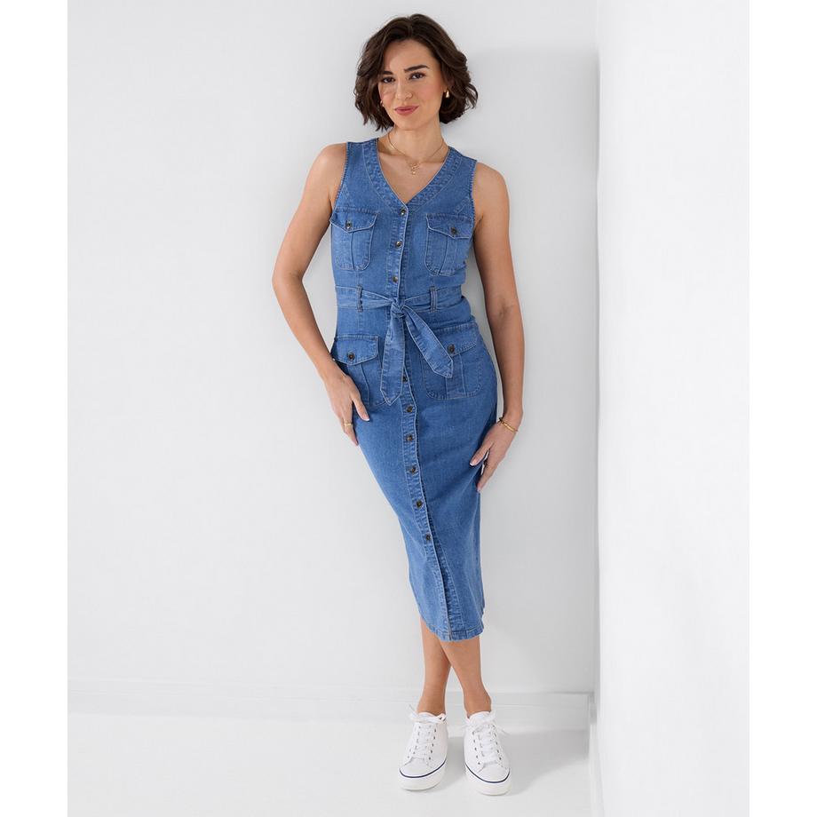 Denim-Midikleid mit Knopfleiste und Gürtel