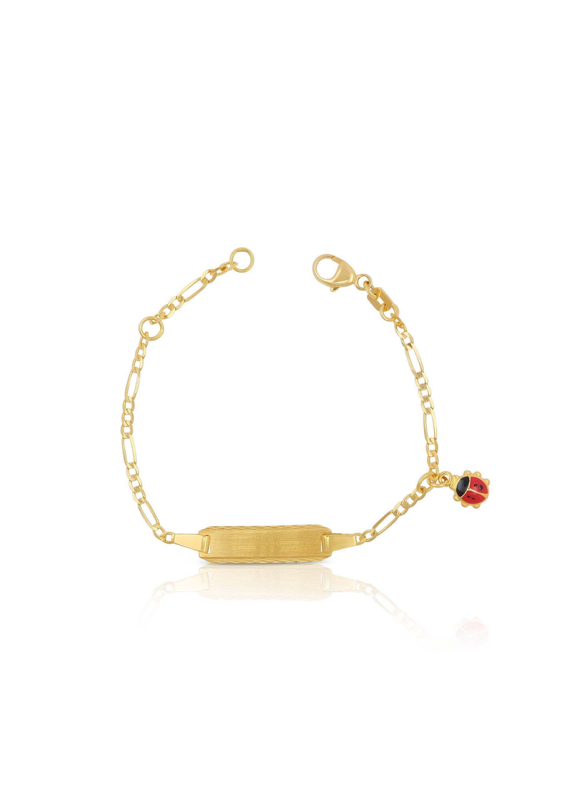 MUAU Schmuck  Bracelet Bébé figaro or jaune 750, 14cm plaque à  graver 2cm Pendentif scarabée en émail 