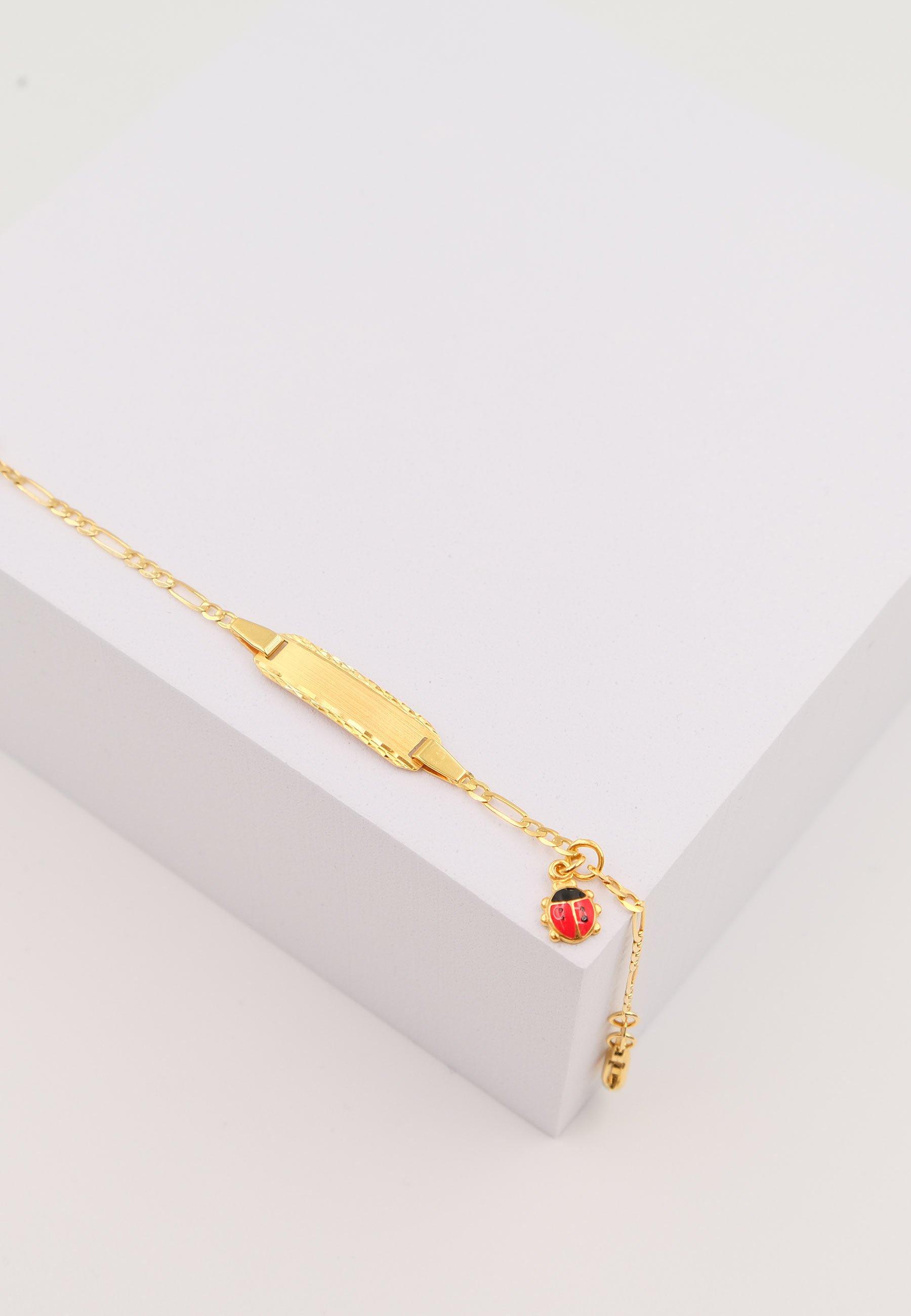 MUAU Schmuck  Bracelet Bébé figaro or jaune 750, 14cm plaque à  graver 2cm Pendentif scarabée en émail 