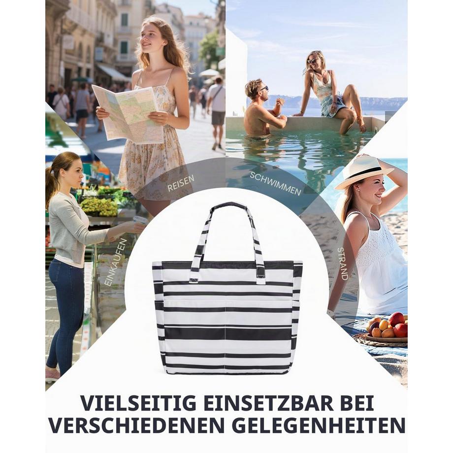 Only-bags.store Gestreifte Strandtasche mit Reißverschluss und Nassfach  