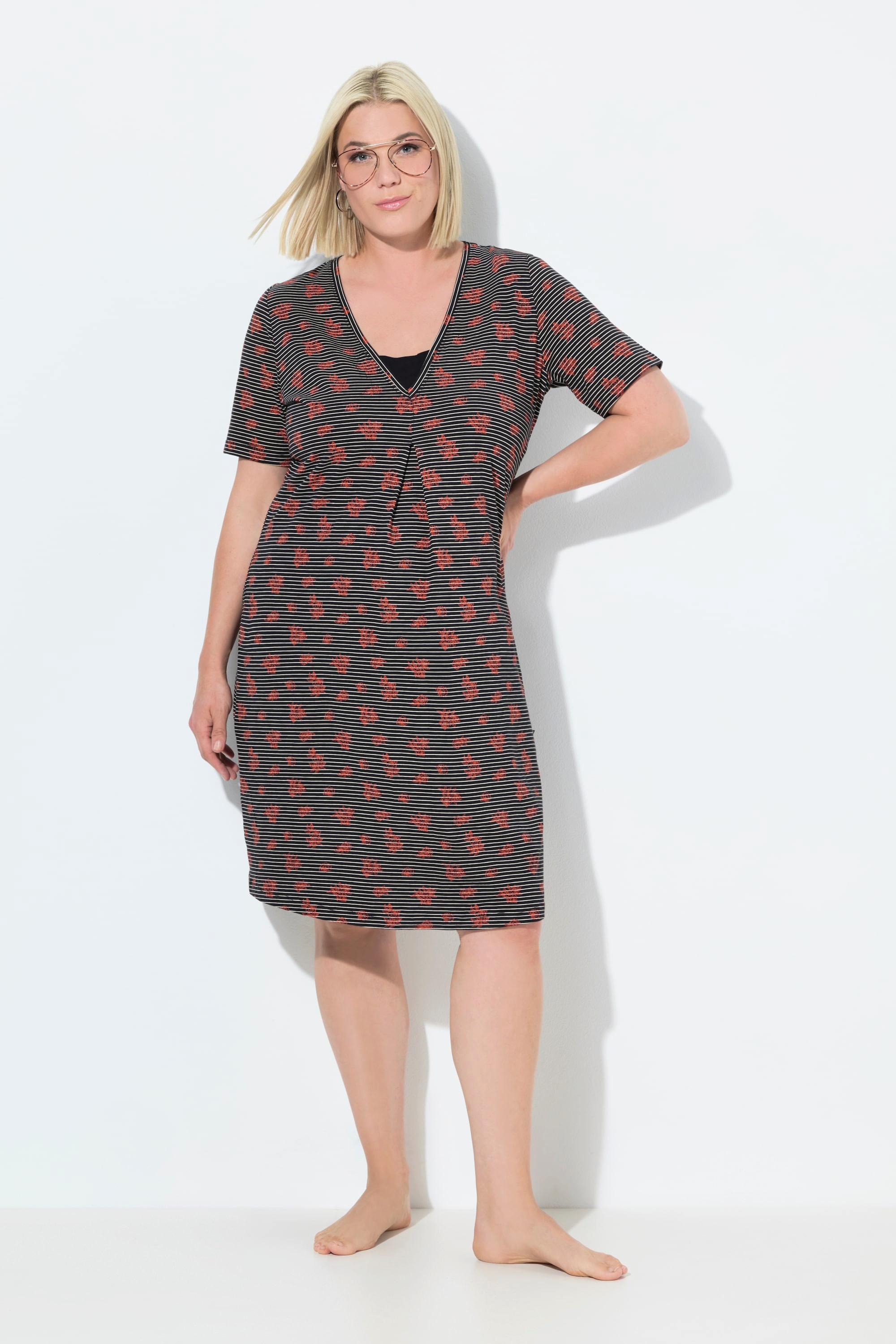 Ulla Popken Camicia da notte Righe Fiori Scollo a V Mezze Maniche  