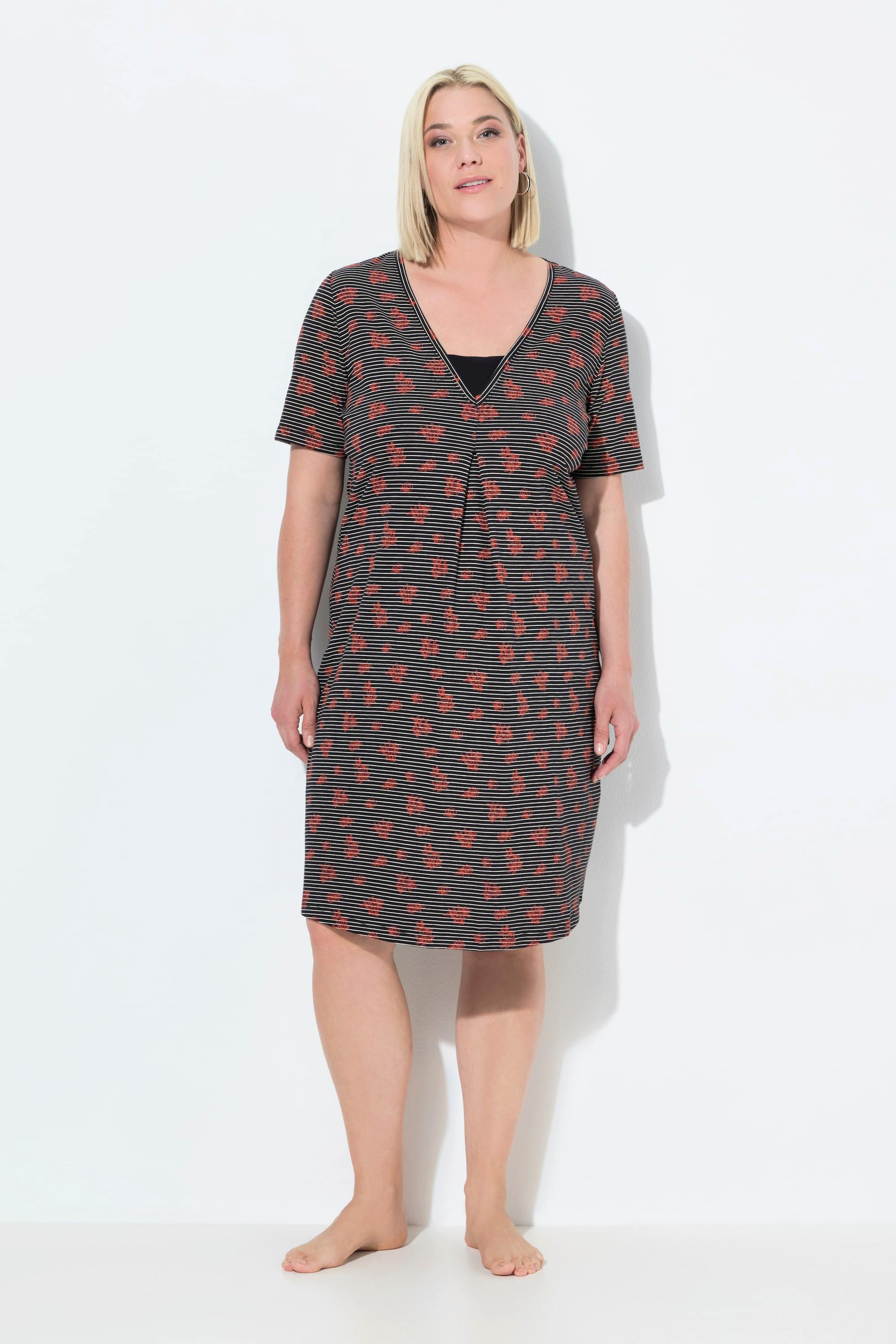 Ulla Popken Camicia da notte Righe Fiori Scollo a V Mezze Maniche  