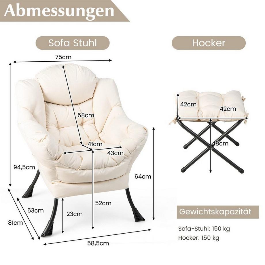 Sessel mit Hocker, Armlehnen, Seitentasche und Fußstütze für ultimativen Komfort
