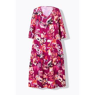 Ulla Popken  Jerseykleid, Blüten, A-Linie, V-Ausschnitt, 3/4-Arm 