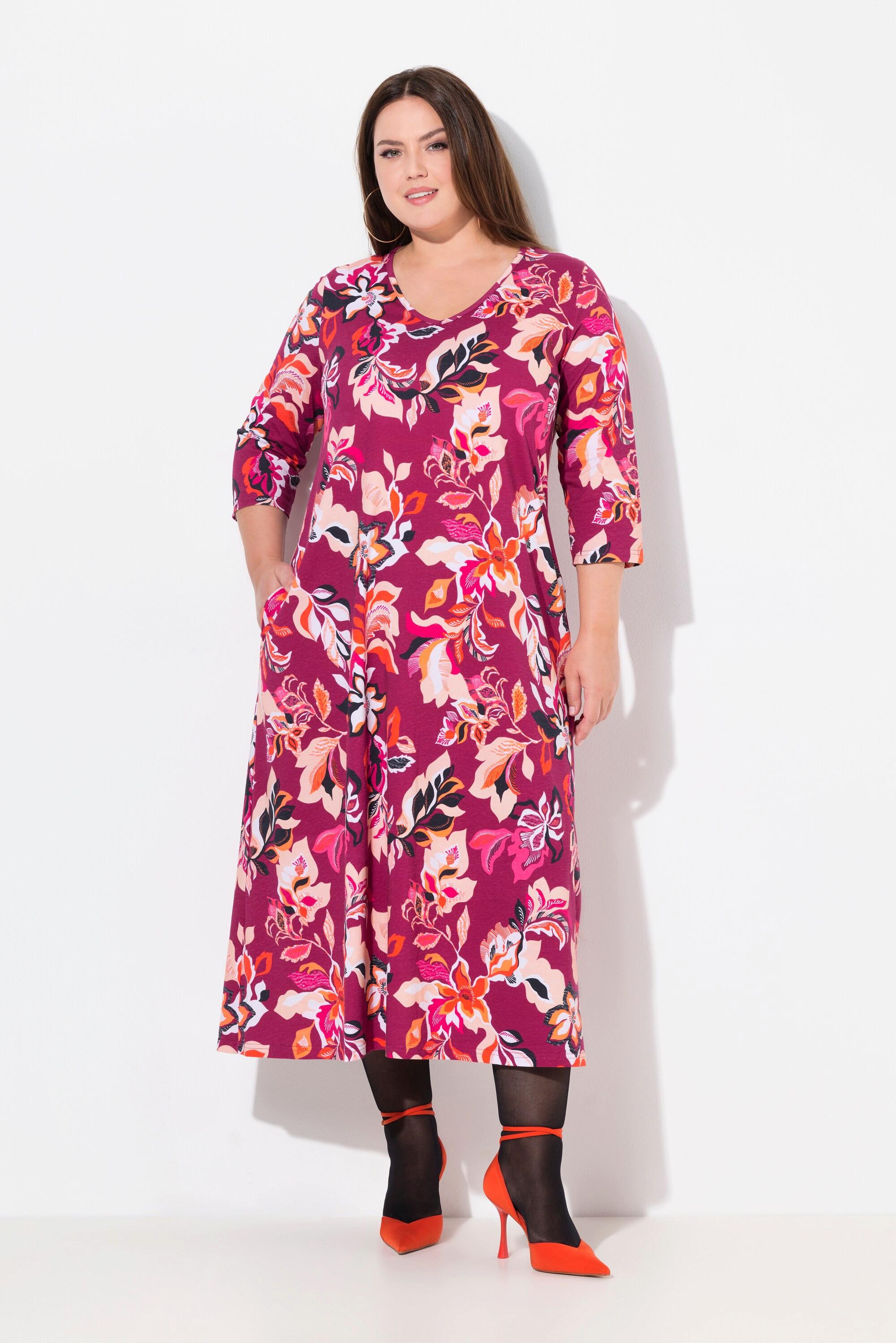 Ulla Popken  Jerseykleid, Blüten, A-Linie, V-Ausschnitt, 3/4-Arm 