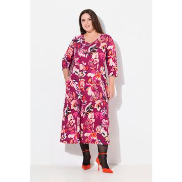 Jerseykleid, Blüten, A-Linie, V-Ausschnitt, 3/4-Arm