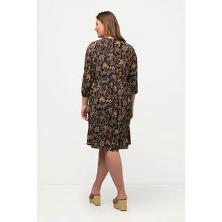 Ulla Popken  Robe smockée, motif cachemire, col rond, volant à l'ourlet, manches 3/4 