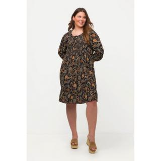 Ulla Popken  Robe smockée, motif cachemire, col rond, volant à l'ourlet, manches 3/4 