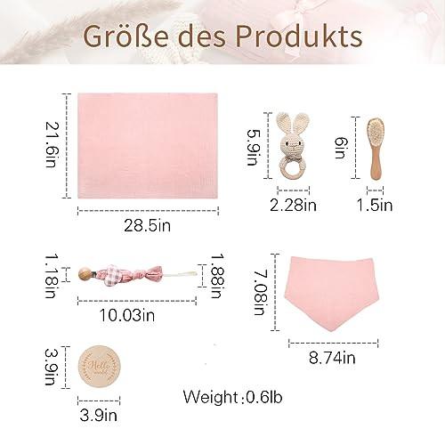 Activity-board  Cadeau bébé pour la naissance 6 en 1 baby shower cadeau nouveau-né cadeaux bébé ensemble de bain-douche mousseline, bavoir, hochet chaîne de sucette (lapin rose) 