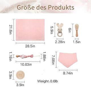 Activity-board  Cadeau bébé pour la naissance 6 en 1 baby shower cadeau nouveau-né cadeaux bébé ensemble de bain-douche mousseline, bavoir, hochet chaîne de sucette (lapin rose) 