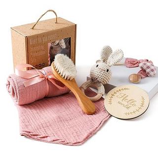 Activity-board  Cadeau bébé pour la naissance 6 en 1 baby shower cadeau nouveau-né cadeaux bébé ensemble de bain-douche mousseline, bavoir, hochet chaîne de sucette (lapin rose) 