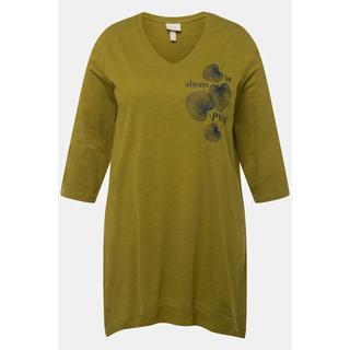 Ulla Popken  T-shirt en coton bio à col en V et manches 3/4, feuilles 