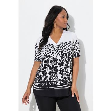 T-shirt en tissu fluide, motif à fleurs, col en V, joli pli creux, manches courtes