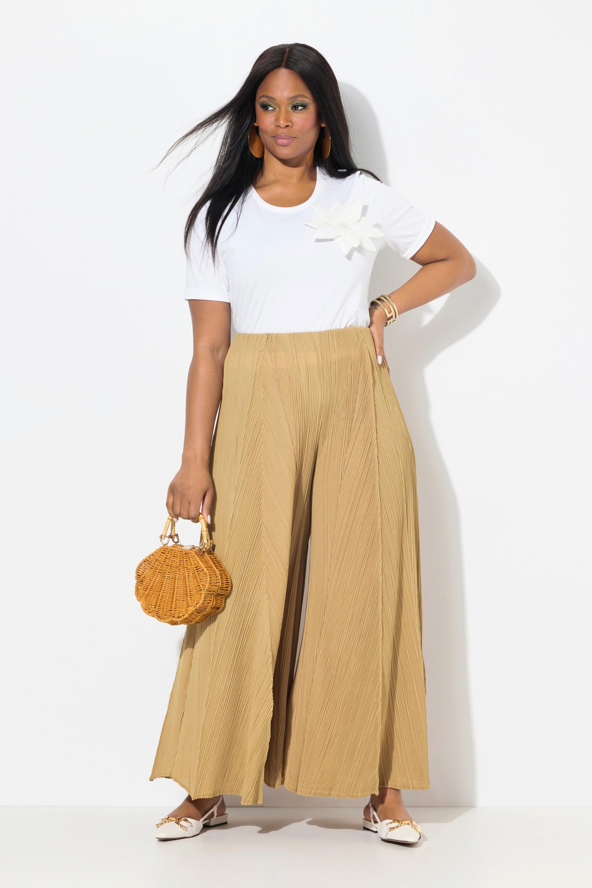 Ulla Popken Pantaloni Plissettati Gamba Larga Nervature Cintura Elastica  