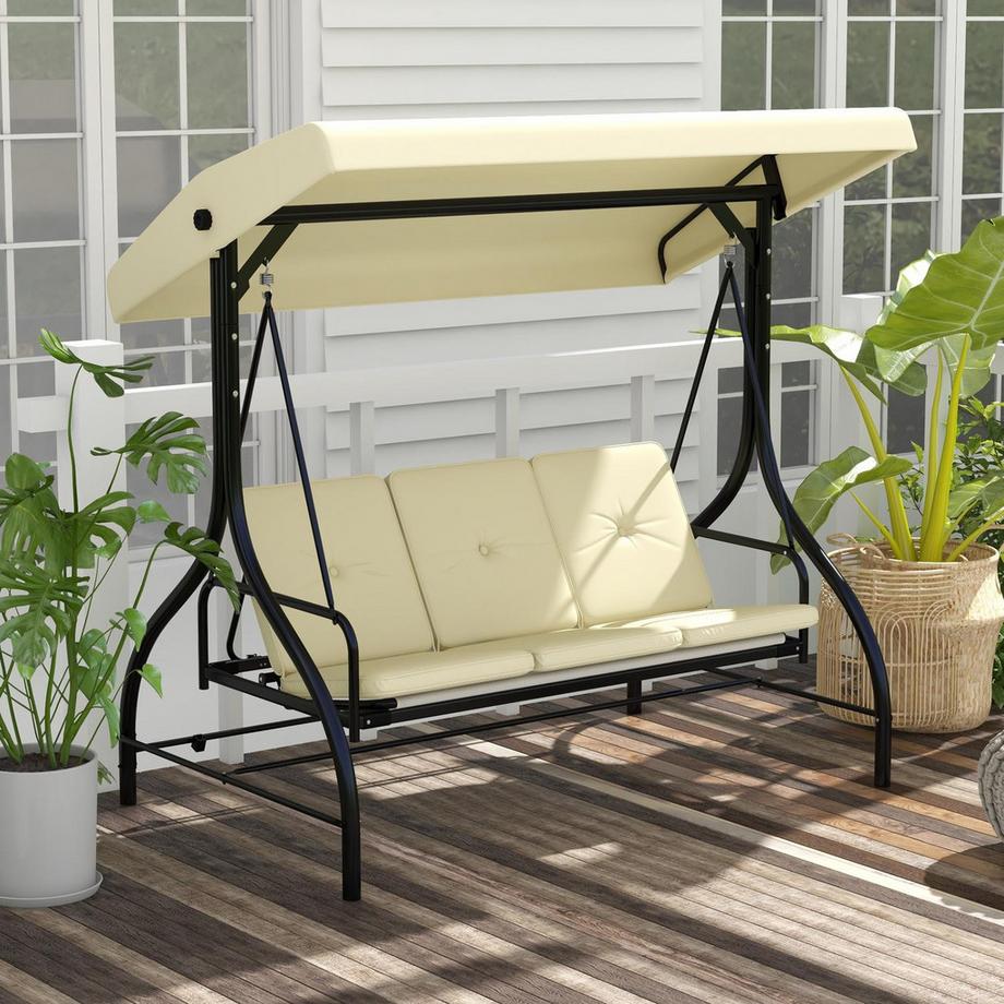 Northio Outsuuny 2 in 1 Hollywoodschaukel mit Liegefunktion 3-Sitzer Gartenschaukel mit verstellbarem Sonnendach, Schaukelbank belast bis 240kg, Gartenliege für Garten, Terrasse, 195x117x175 cm, Beige  