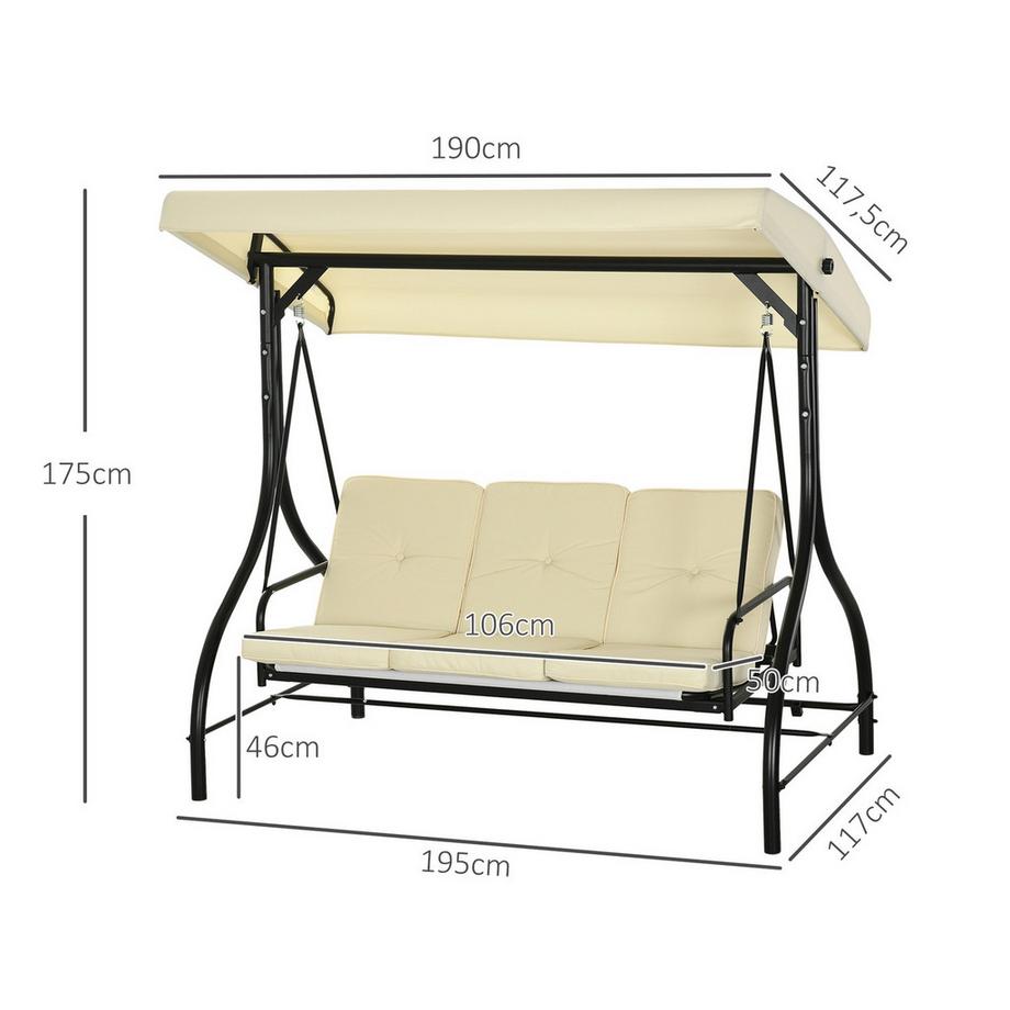 Northio Outsuuny 2 in 1 Hollywoodschaukel mit Liegefunktion 3-Sitzer Gartenschaukel mit verstellbarem Sonnendach, Schaukelbank belast bis 240kg, Gartenliege für Garten, Terrasse, 195x117x175 cm, Beige  