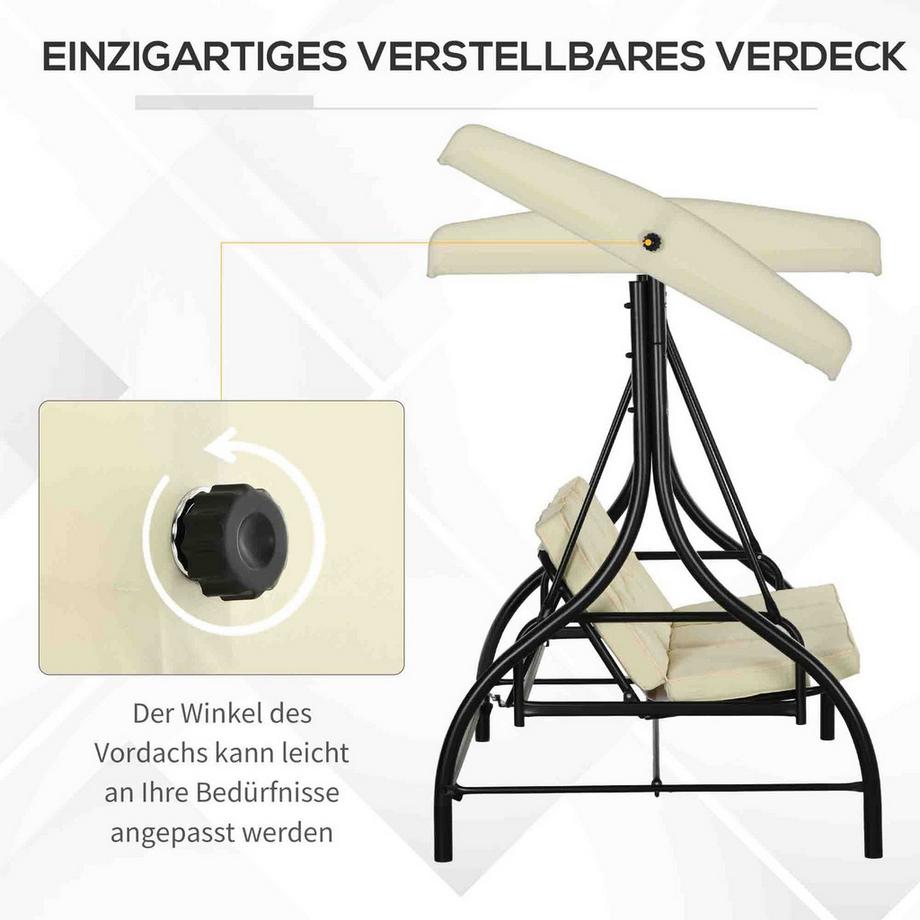 Northio Outsuuny 2 in 1 Hollywoodschaukel mit Liegefunktion 3-Sitzer Gartenschaukel mit verstellbarem Sonnendach, Schaukelbank belast bis 240kg, Gartenliege für Garten, Terrasse, 195x117x175 cm, Beige  