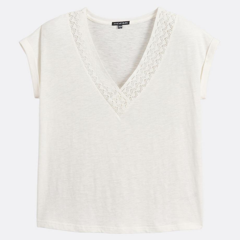 La Redoute Collections V-Ausschnitt T-Shirt mit Makramee-Spitze  