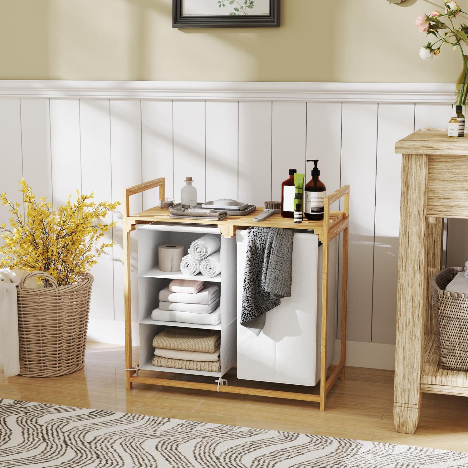 Northio Cesto per la biancheria Raccoglitore per biancheria a 4 scomparti con 2 sacchi per biancheria estraibili e rimovibili in tessuto non tessuto, ripiano Portabiancheria da 83 litri con maniglia raccoglitore per biancheria 70 x 36 x 70 cm bambù bianco  