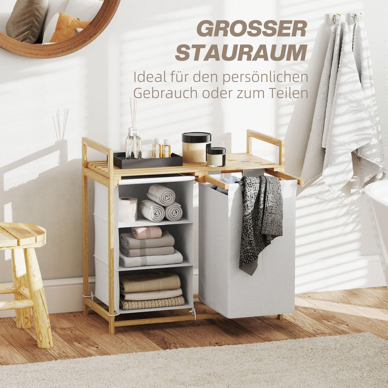 Northio Cesto per la biancheria Raccoglitore per biancheria a 4 scomparti con 2 sacchi per biancheria estraibili e rimovibili in tessuto non tessuto, ripiano Portabiancheria da 83 litri con maniglia raccoglitore per biancheria 70 x 36 x 70 cm bambù bianco  