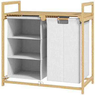 Cesto per la biancheria Raccoglitore per biancheria a 4 scomparti con 2 sacchi per biancheria estraibili e rimovibili in tessuto non tessuto, ripiano Portabiancheria da 83 litri con maniglia raccoglitore per biancheria 70 x 36 x 70 cm bambù bianco