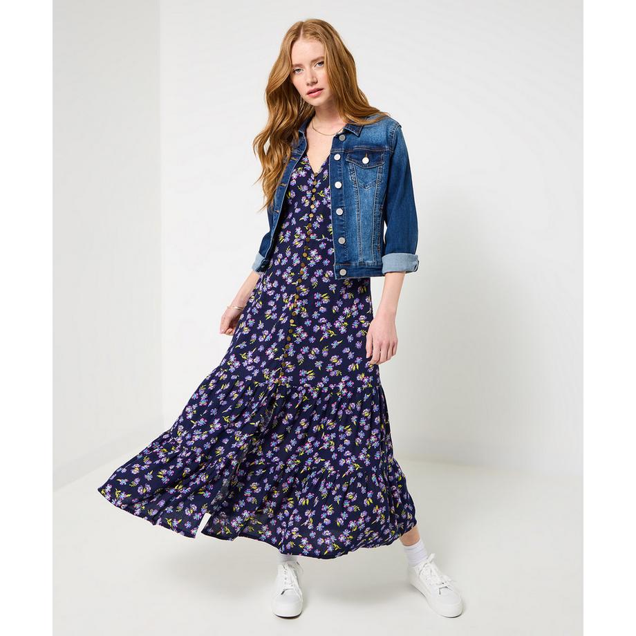 Robe midi vintage foncée à fleurs, manches bouffantes, col en V
