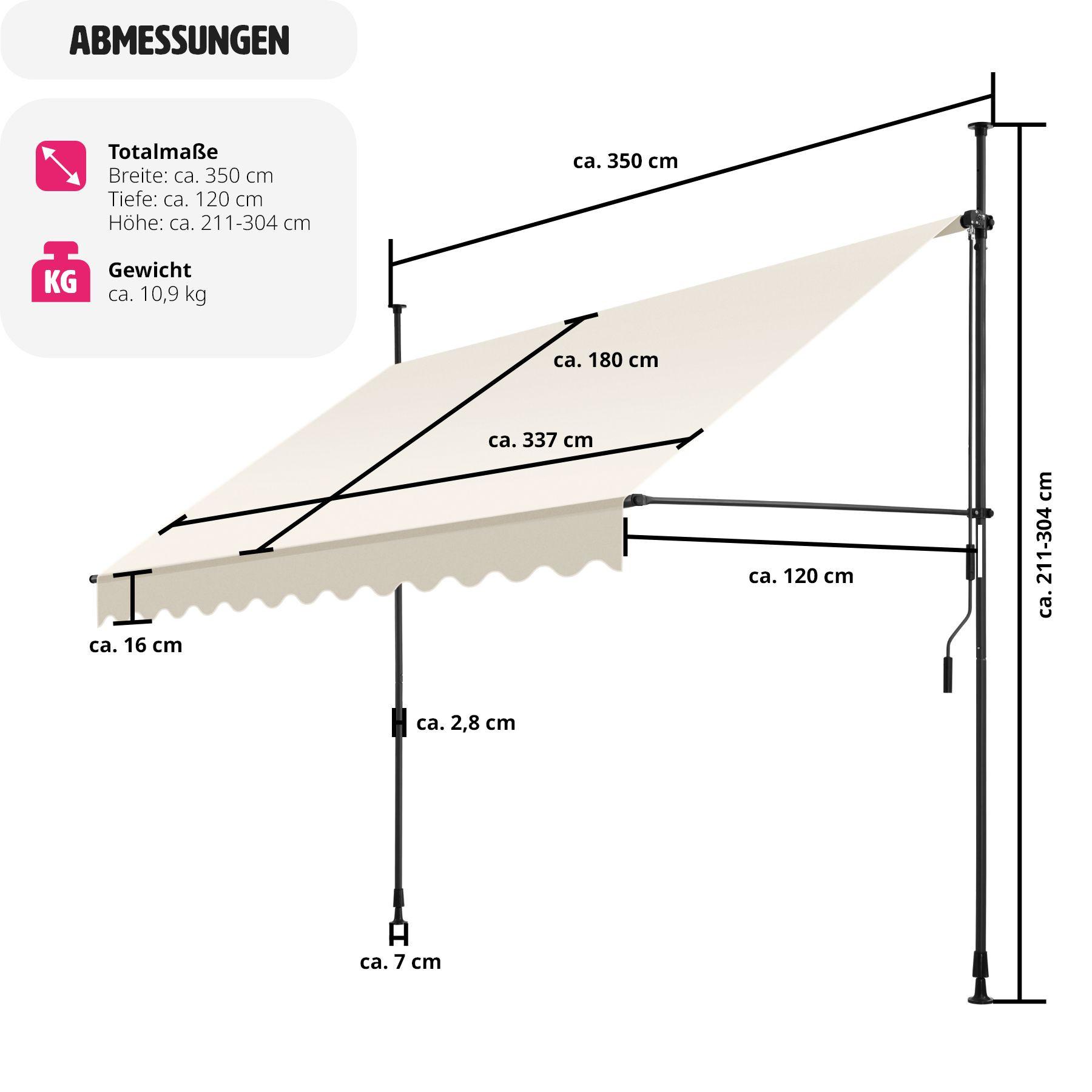 Tectake Klemmmarkise mit Handkurbel, höhenverstellbar  