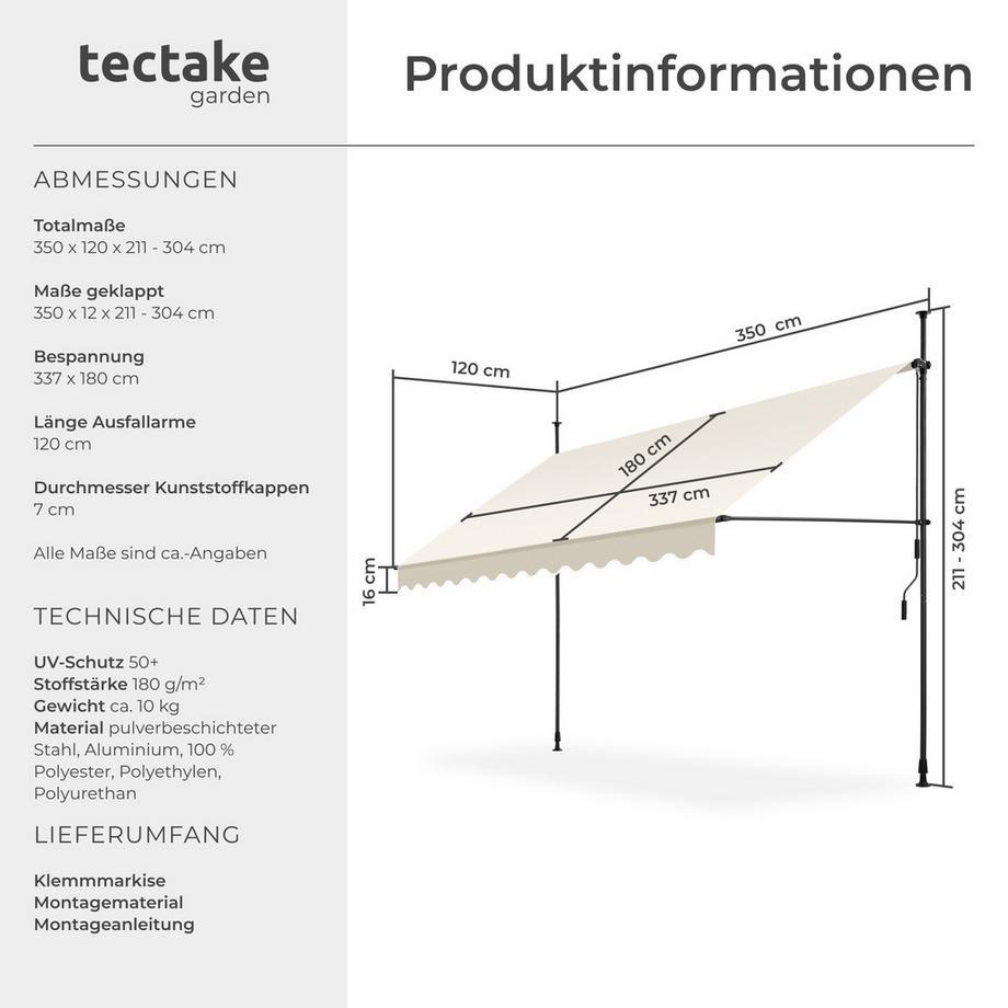 Tectake Klemmmarkise  mit Handkurbel UV-beständig  