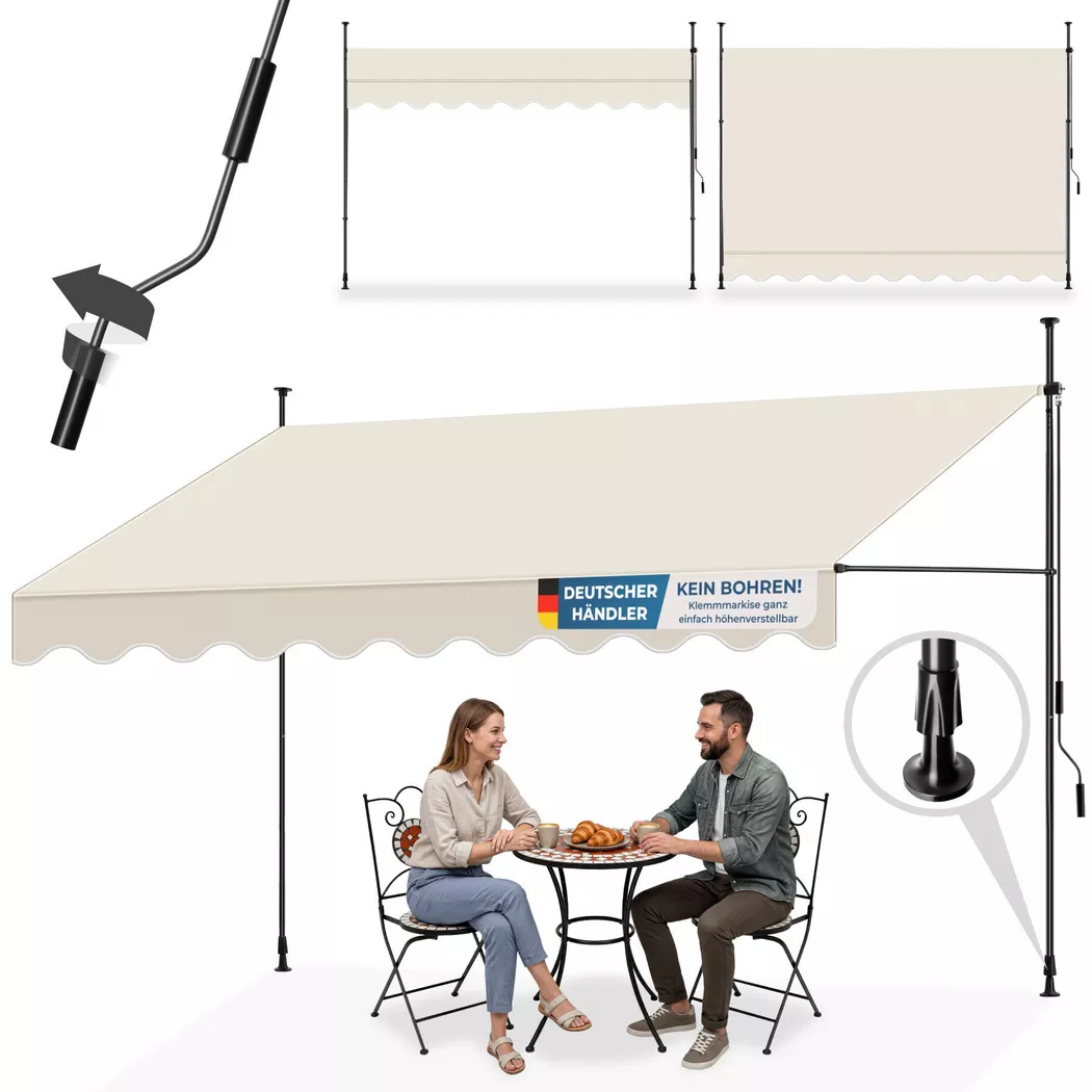 tectake® Klemmmarkise mit Handkurbel, ohne Bohren, UV-beständig, bis 90° neigbar, wasserabweisend