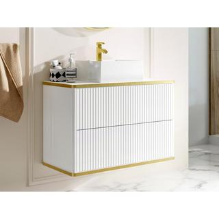 Vente-unique Mobile per bagno sospeso con scanalature con profilo Dorato e lavabo da appoggio Bianco 80 cm - KELIZA  