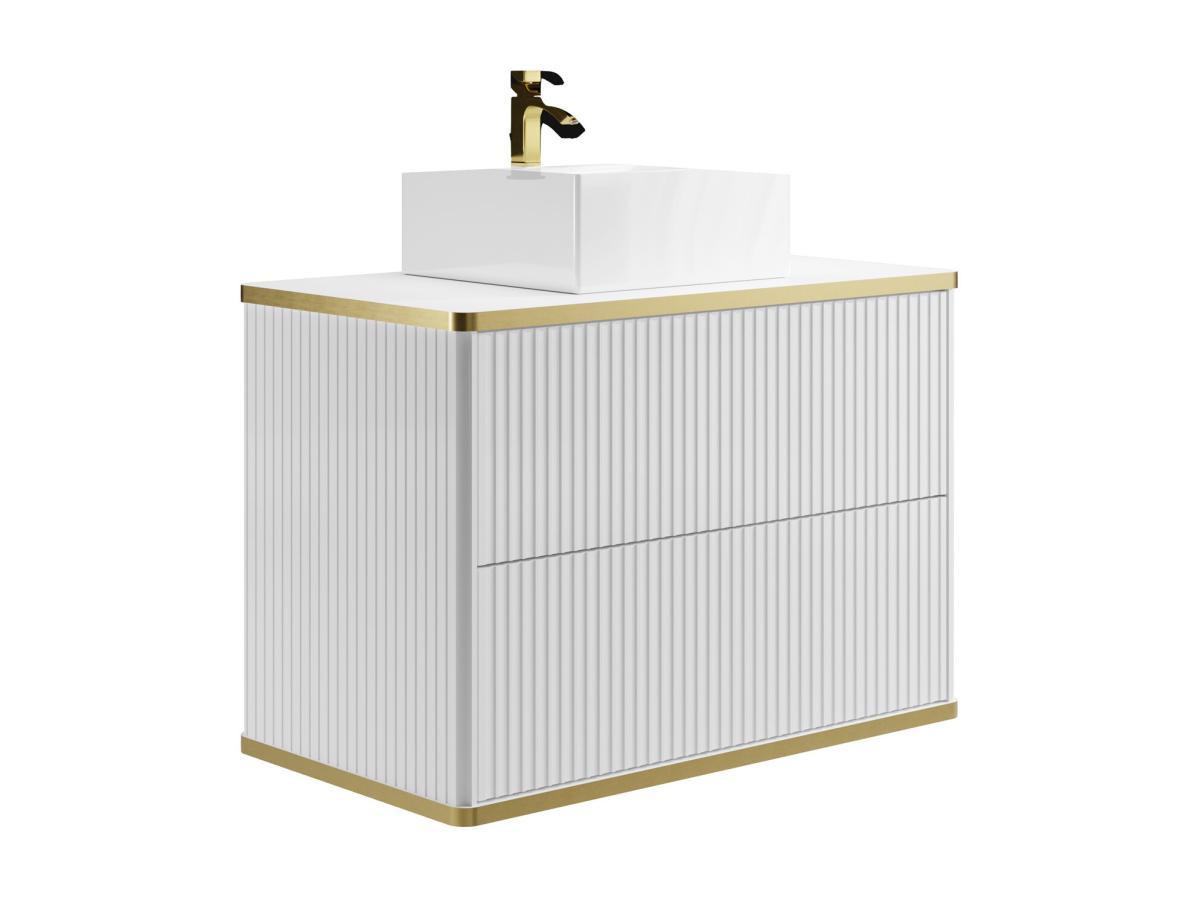 Vente-unique Mobile per bagno sospeso con scanalature con profilo Dorato e lavabo da appoggio Bianco 80 cm - KELIZA  
