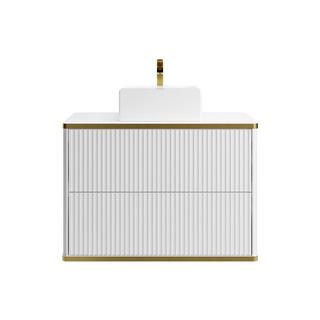 Vente-unique Mobile per bagno sospeso con scanalature con profilo Dorato e lavabo da appoggio Bianco 80 cm - KELIZA  