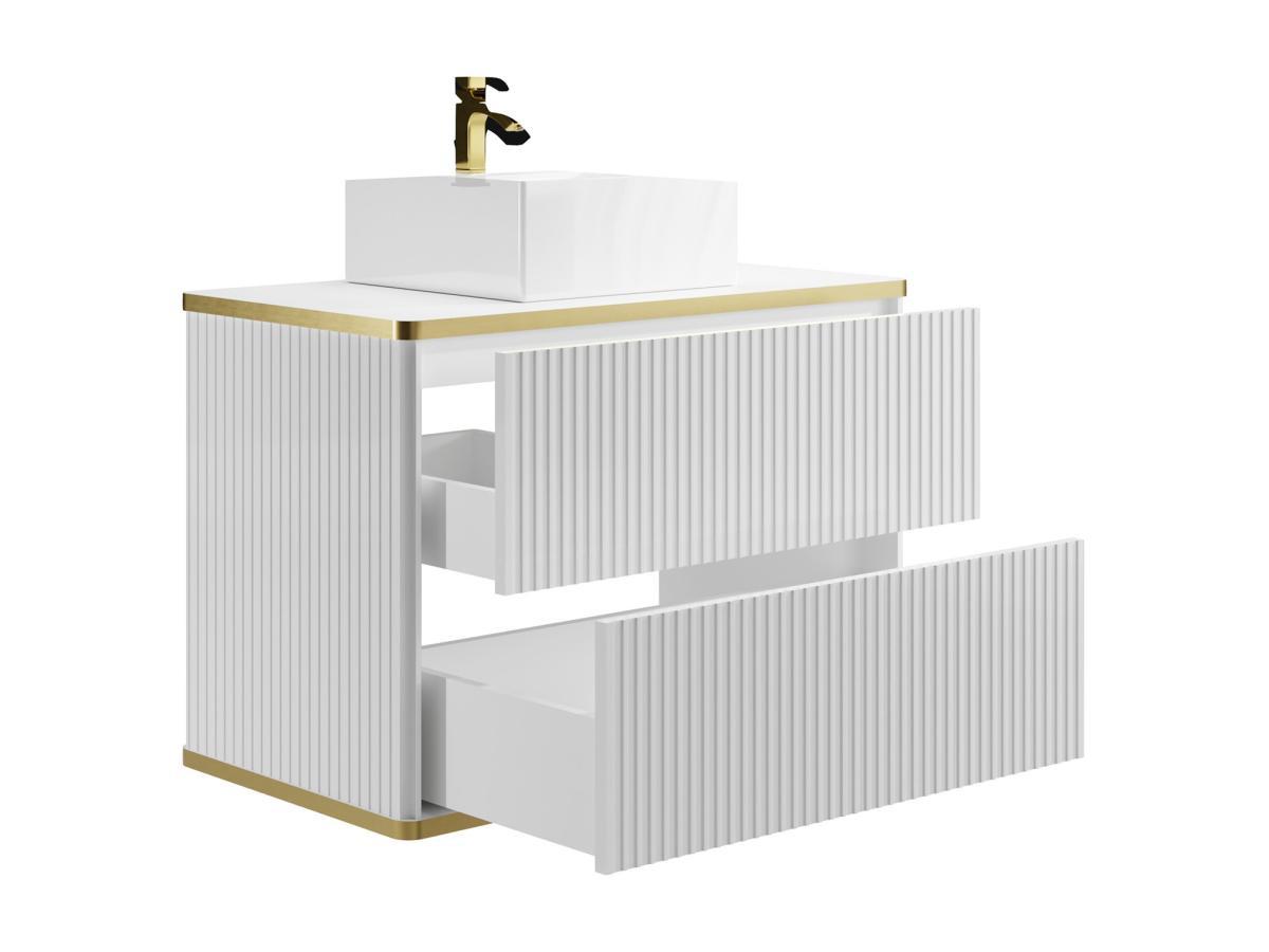 Vente-unique Mobile per bagno sospeso con scanalature con profilo Dorato e lavabo da appoggio Bianco 80 cm - KELIZA  