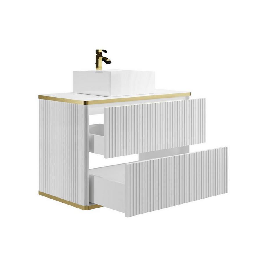 Vente-unique Mobile per bagno sospeso con scanalature con profilo Dorato e lavabo da appoggio Bianco 80 cm - KELIZA  