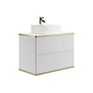 Vente-unique Mobile per bagno sospeso con scanalature con profilo Dorato e lavabo da appoggio Bianco 80 cm - KELIZA  