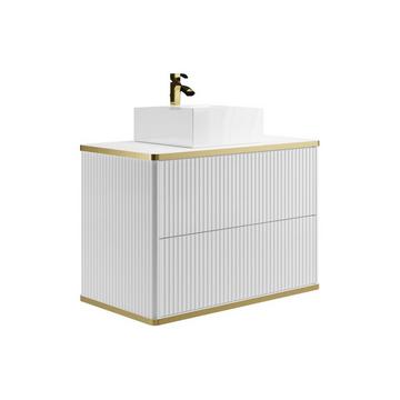 Waschbeckenunterschrank hängend mit Aufsatzwaschbecken - Streifenoptik - Goldfarbene Umrandung - Weiß - 80 cm - KELIZA