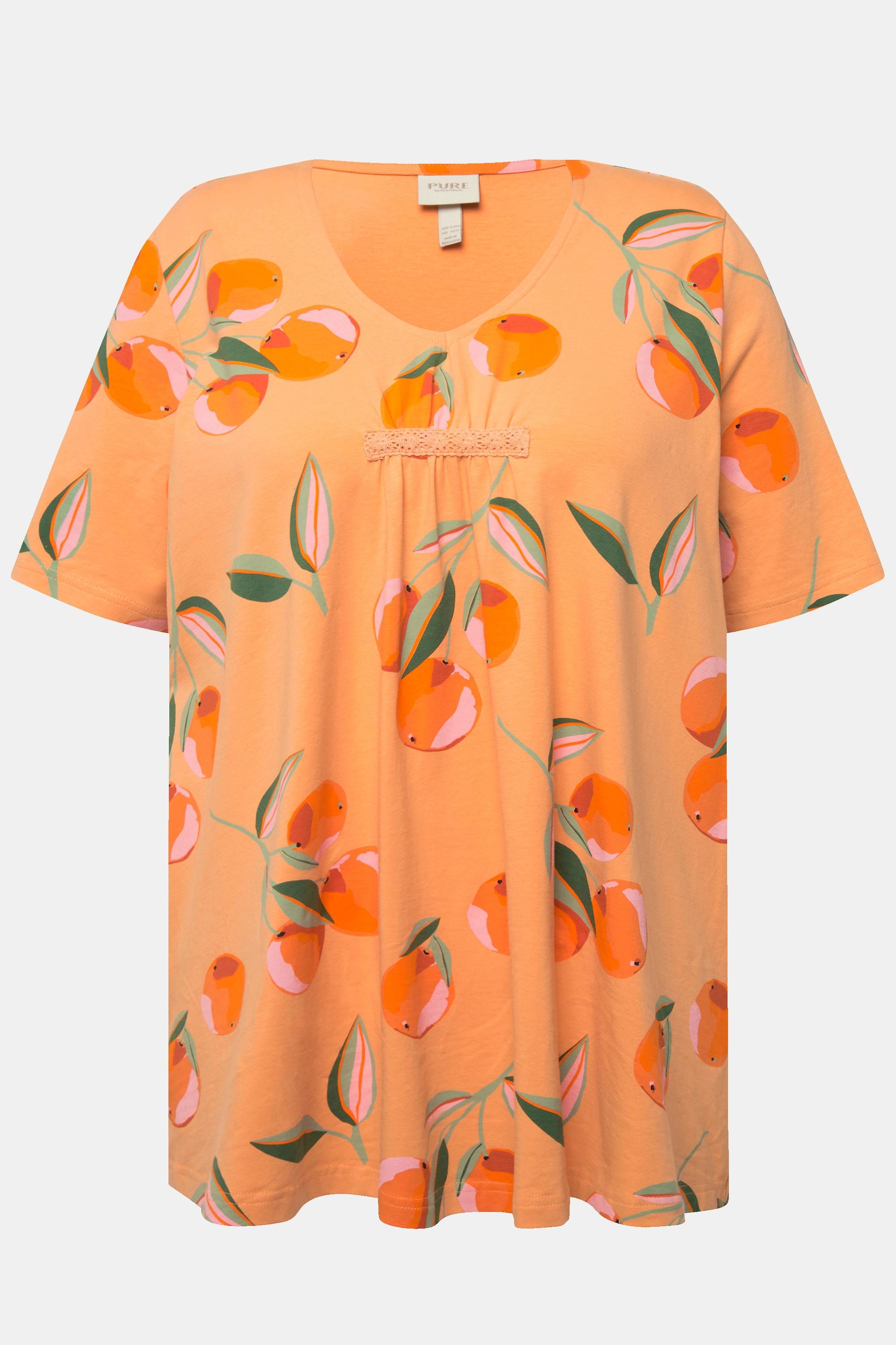 Ulla Popken  T-shirt di cotone biologico con pesche, scollatura a V e mezze maniche 