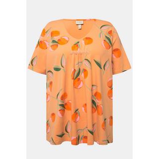 Ulla Popken  T-shirt di cotone biologico con pesche, scollatura a V e mezze maniche 