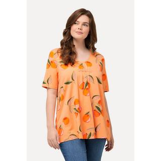 Ulla Popken  T-shirt di cotone biologico con pesche, scollatura a V e mezze maniche 