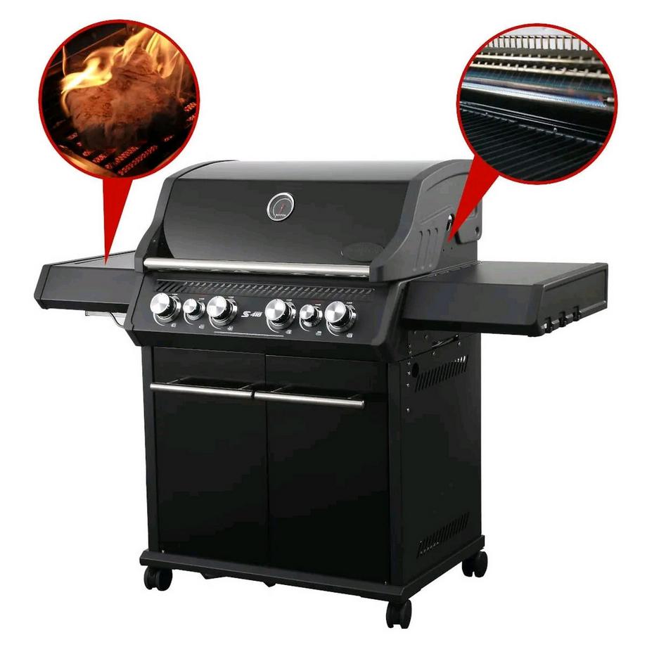 Santos  S S-418 - Gasgrill, Seiten- und Heckbrenner, Komplett Schwarz inkl. Drehspiess, Rostheber 